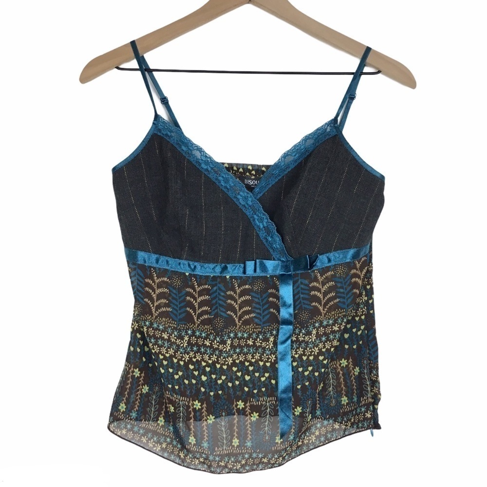 BISOU BISOU Cami Camisole Top Floral Stripe Sheer Lace Y2K 90s Pinstripe Size 4 - Picture 9 of 9